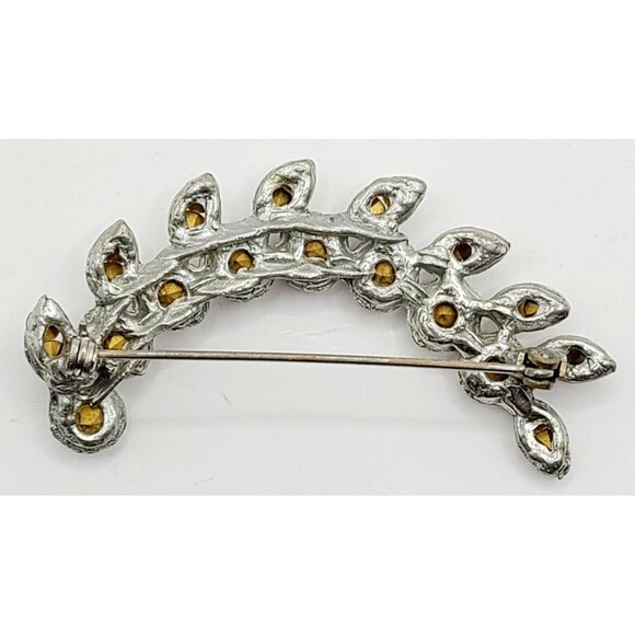 Vtg Rhinestone Laurel Leaves Brooch Flower Leaf Silver Tone w/ Clear Pin - Picture 4 of 6